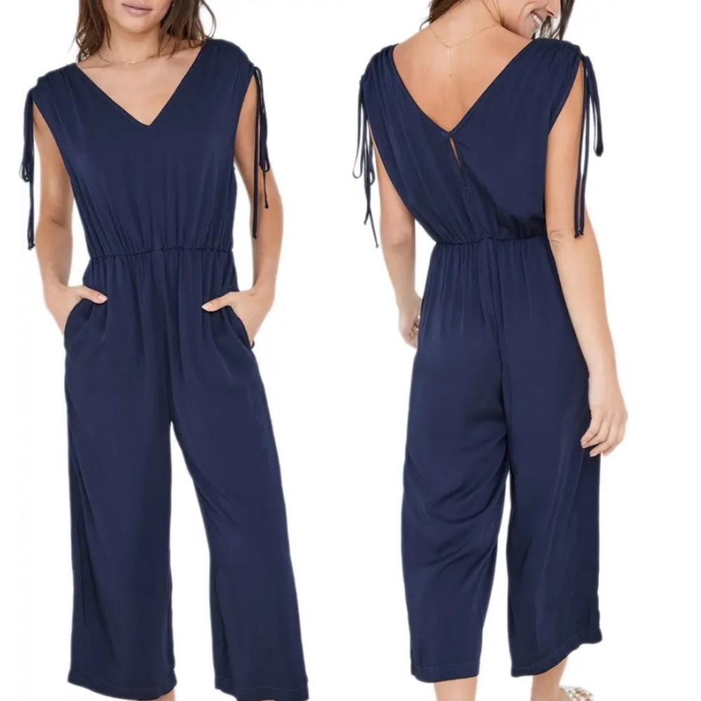 Bella Dahl Gathered Shoulder Sleeveless Crop Jumpsuit Silky Indigo Romper